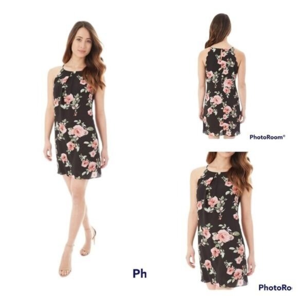 Iz Byer Dress Scalloped Edge Shift Black Rose Sleeveless WOMAN'S WOMEN'S LARGE - Picture 1 of 11